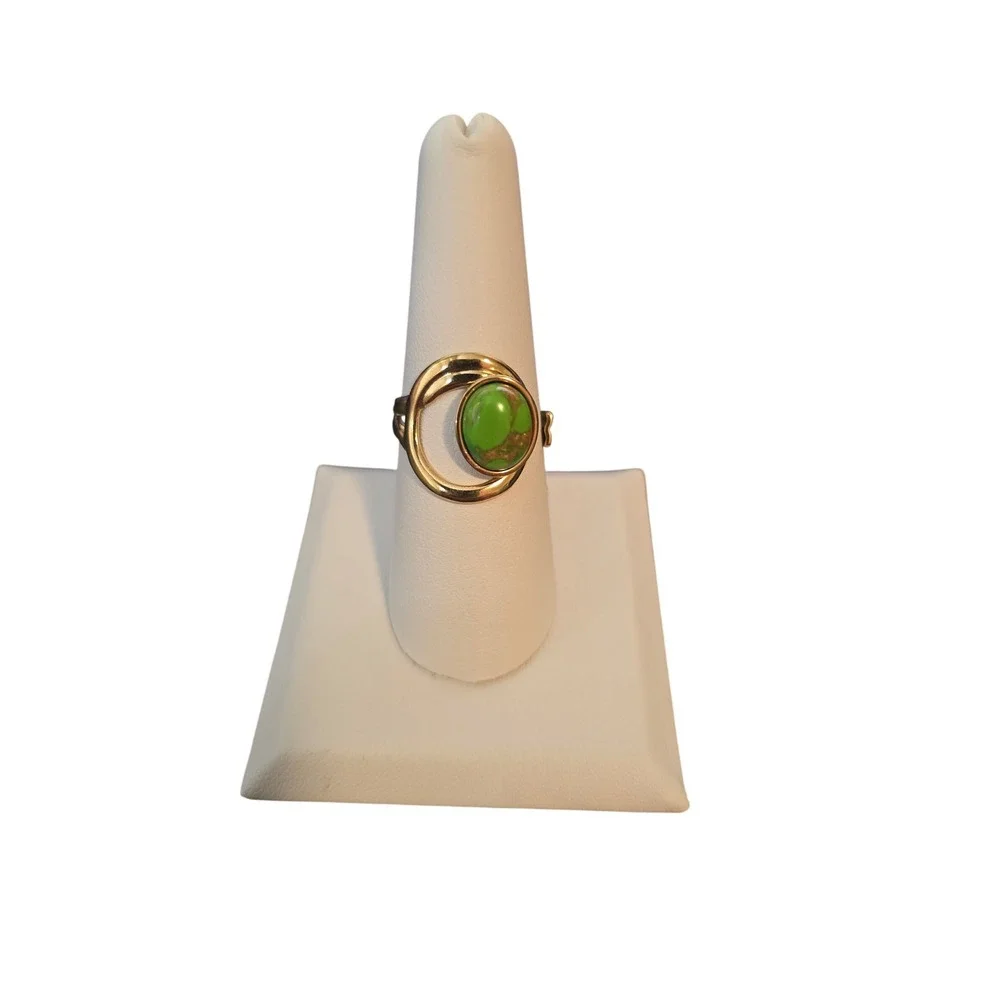 Ring Women Size 7.5 Adjutable Crescent Moon Green Faux Turquoise Gold Tone